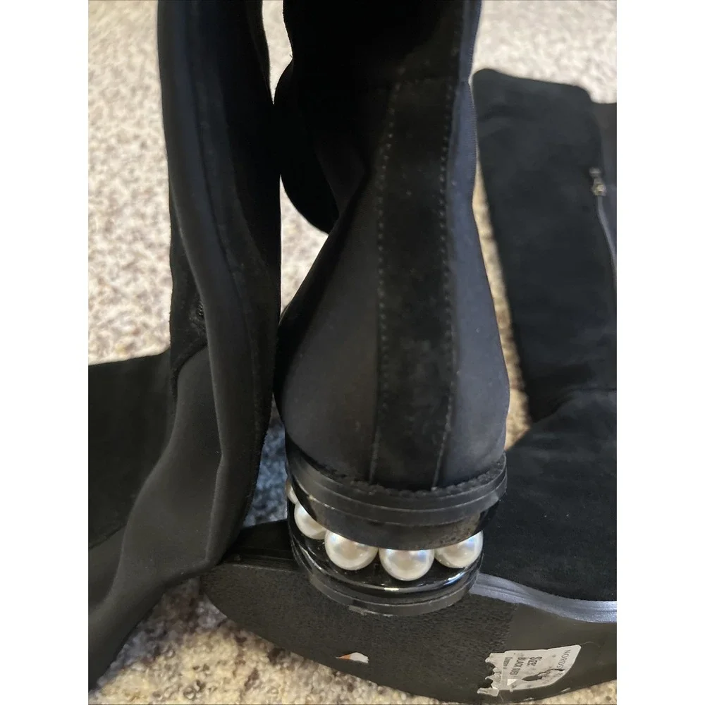 CATHERINE MALANDRINO Black Suede Pearl Heel Over Knee Boots Sz9 Great Condition